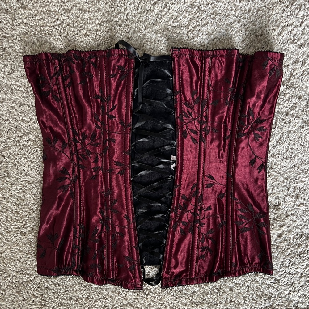 Elegant Burgundy and Black Lace-Up Corset